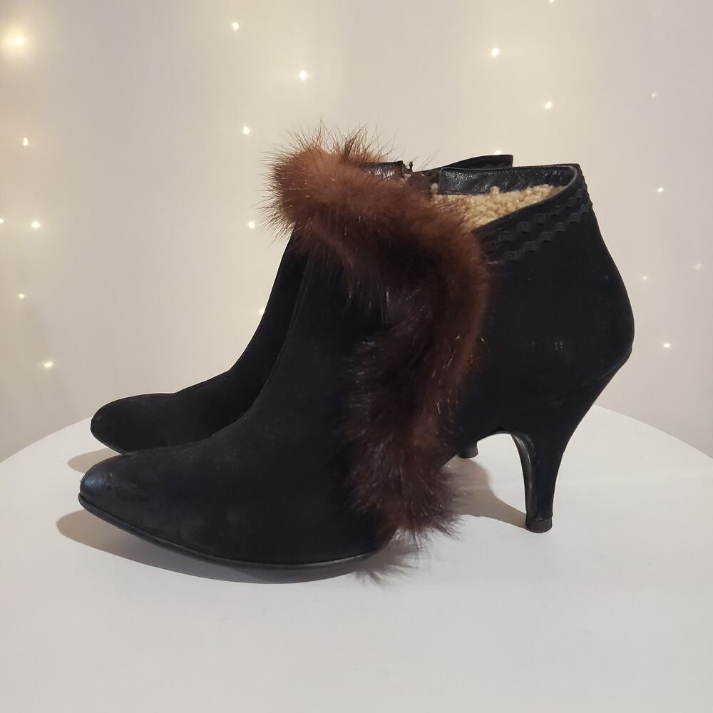 Vtg Dainile Alpine Boot England Leather Fur Trim Heel Ankle Bootie Size 5 Black